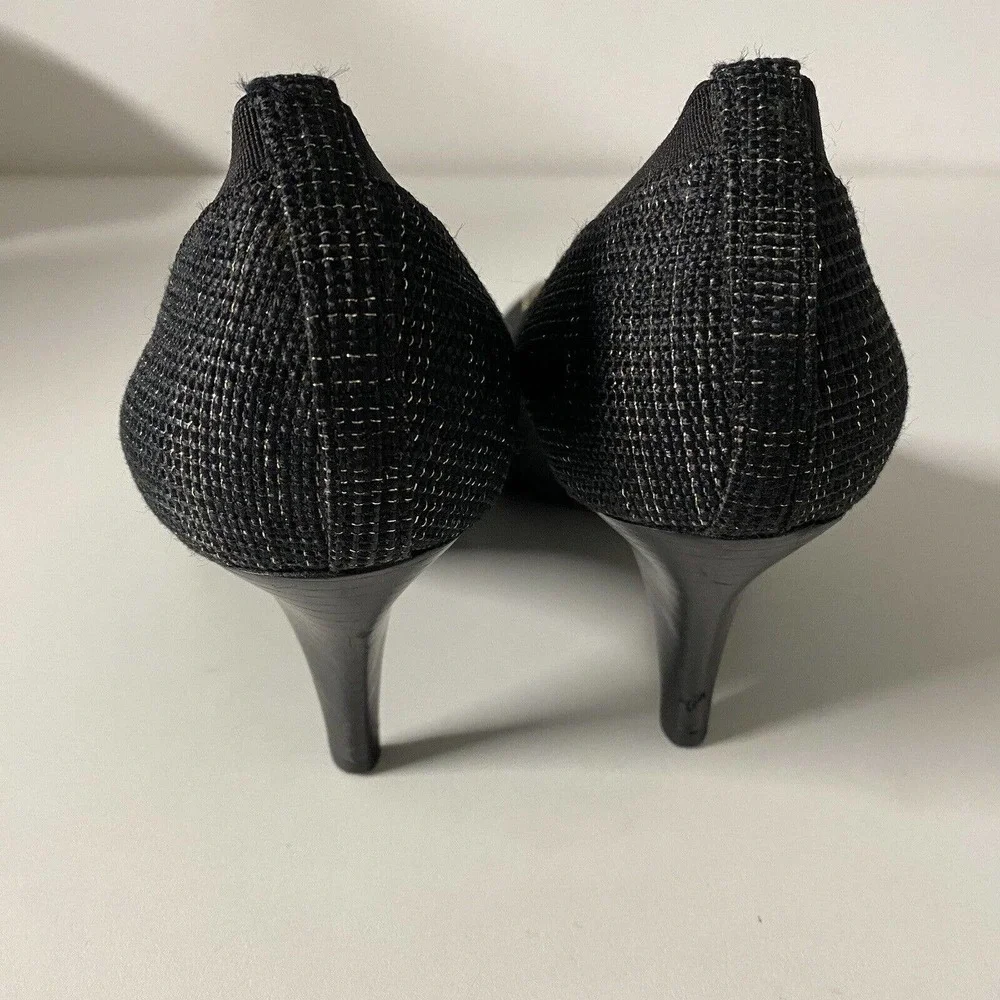 Tory Burch Pump Caroline Tweed Black Gold Round Toe Logo 9 M 3